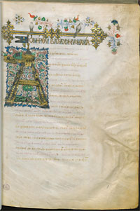 <p>Firenze, Biblioteca Medicea Laurenziana, Plut. 32.01 (Omero, <em>Batracomiomachia e Iliade vergate da Teodoro Gaza</em>), f. 1r : iniziale miniata con nome del Filelfo in greco entro un cartiglio.</p>